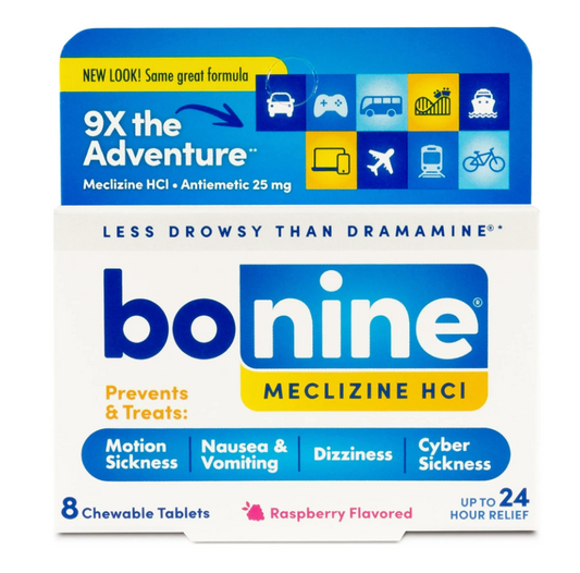 12+ 보닌 Bonine 메클리진 25mg 레스-드라우지 24시간 멀미 현기증 구토감 완화 츄어블 12정 2개 (24정)