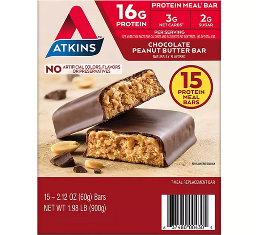 앳킨스 Atkins 케토 무설탕 초콜렛 땅콩버터 프로틴바 60g 15ct (900g)