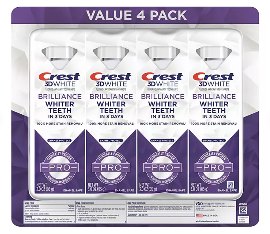 2+ P&G 크레스트 Crest 3D 화이트 브릴리언스 프로 에나멜 프로텍트 미백 치약 85g 4개 (340g) *100% 얼룩제거*