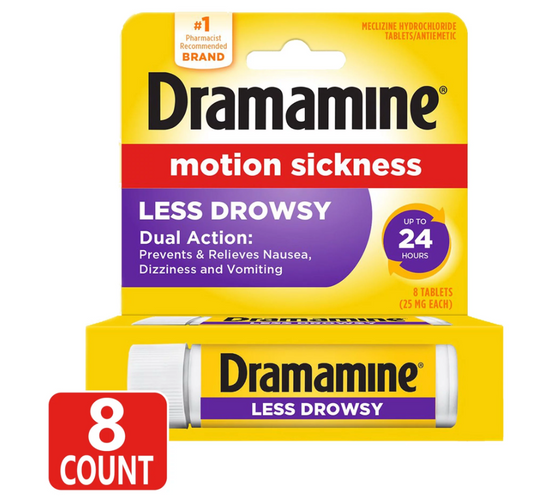 12+ 드라마민 Dramamine 메클리진 25mg 24시간 레스-드라우지 멀미 현기증 구토감 완화 8정 2개 (16정)