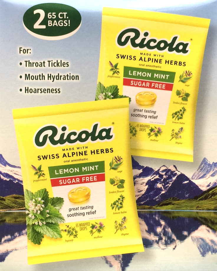 6+ 리콜라 Ricola 슈가/GMO-프리 레몬 민트 인후통 드롭 65pc 2개 (130pc)