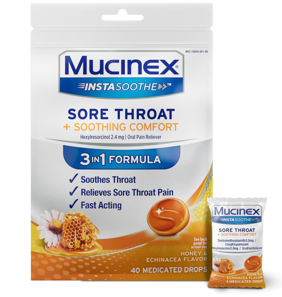 6+ 뮤시넥스 Mucinex 3-in-1 인후통 목캔디 Honey & Echinacea 개별포장 40pc