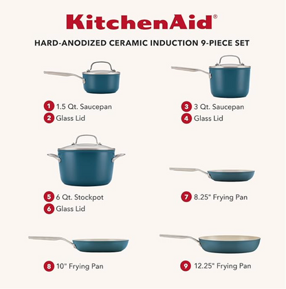 키친에이드 KitchenAid 하드 아노다이즈드 논스틱 인덕션 쿡웨어 세트 9pc (2 색상)