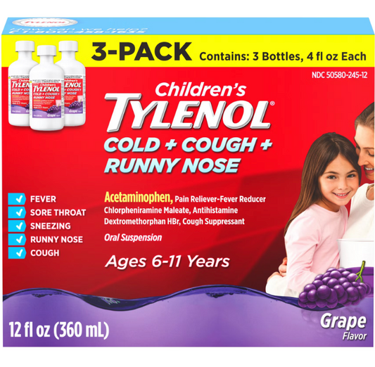 6+ 타이레놀 Tylenol 칠드런스 감기/독감 코감기 무알콜 시럽 120ml 3병 (360ml)