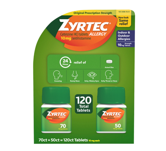 6+ 존슨앤존슨 지르텍 세티리진 HCI 10mg 24시간 알러지 릴리프 70+50정 (120정)
