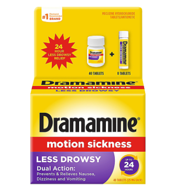 12+ 드라마민 메클리진 HCI 25mg 24시간 레스-드라우지 멀미 현기증 구토감 완화 48정