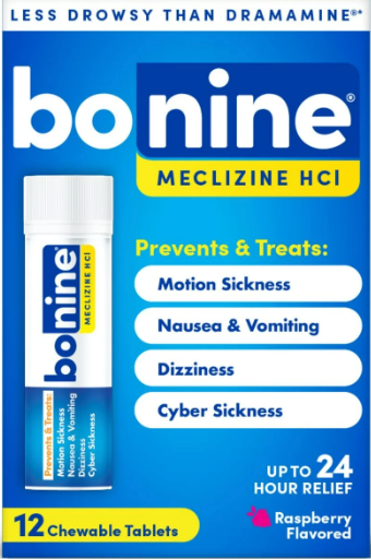 12+ 보닌 메클리진 25mg 레스-드라우지 24시간 멀미 현기증 구토감 완화 츄어블 12정 2개 (24정)