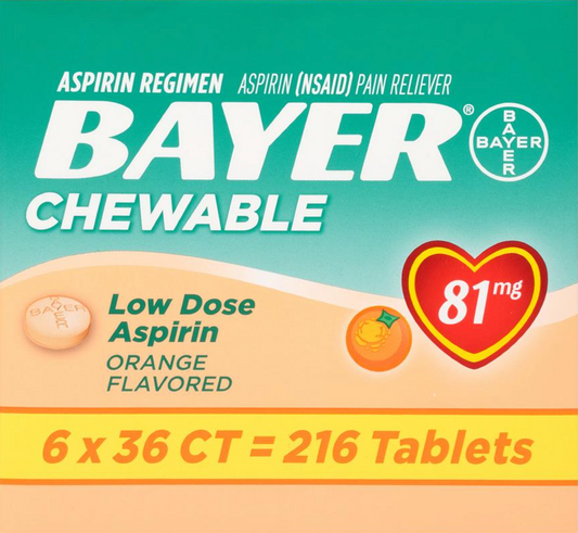 바이엘 Bayer 아스피린 81mg 츄어블 오렌지맛 36정 6ct (216정)