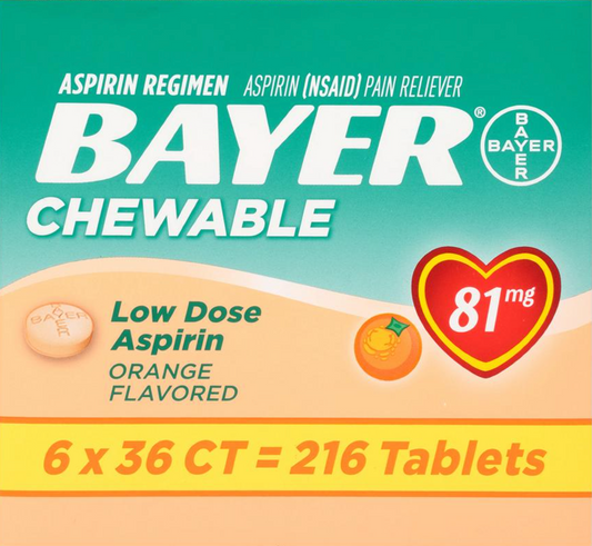 바이엘 Bayer 아스피린 81mg 츄어블 오렌지맛 36정 6개 (216정)