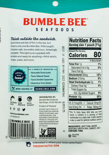 범블비 Bumble Bee Non-GMO 라이트 참치 파우치 71g 10ct (710g)