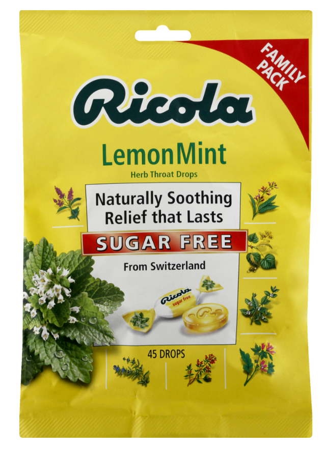 6+ 리콜라 Ricola 슈가/GMO-프리 레몬 민트 인후통 드롭 45pc