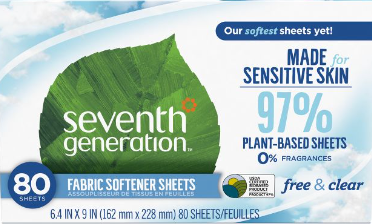 [EWG B 등급] 세븐스제너레이션 7th Generation 97% 식물성 프리&클리어 건조기 시트 80매 2팩 (160매)