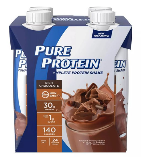퓨어프로틴 Pure Protein Non-GMO 카페인/글루텐-프리 리치 초콜렛 프로틴 쉐이크 325ml 4팩 (1.3L) *완전단백질 30g*