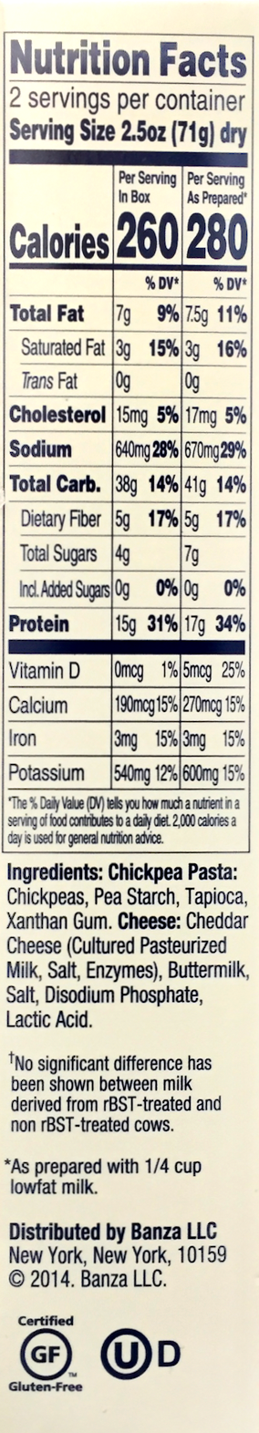 반자 Banza Non-GMO rBST/글루텐-프리/저혈당 병아리콩 쉘 + 화이트체다 맥앤치즈 156g 6ct (936g)