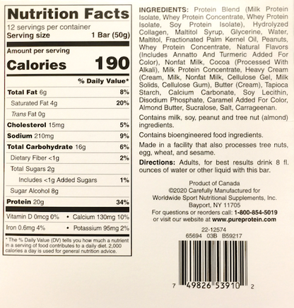 퓨어프로틴 Pure Protein 글루텐-프리 초콜렛 땅콩 카라멜 단백질바 50g 12ct (600g) *단백질 20g*