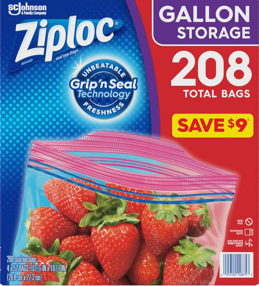 집락 Ziploc BPA-프리 지퍼백 대형 26 x 27cm 52매 4ct (208매)