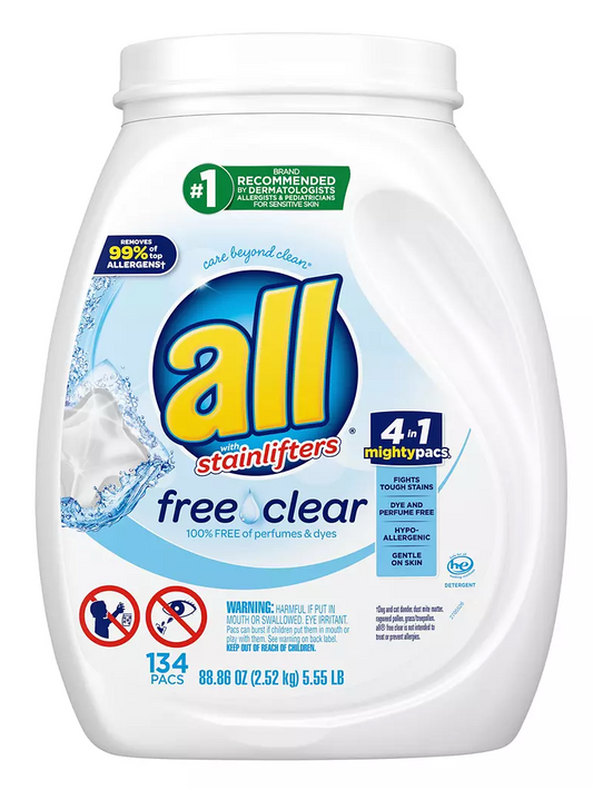 [아토피협회 인증] 올 ALL 프리&클리어 무향 세탁세제 134팩 캐니스터 (2.52kg)