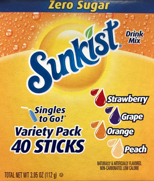 선키스트 Sunkist 슈가-프리 스트로베리•포도•오렌지•복숭아 드링크 믹스 40pc (112g)