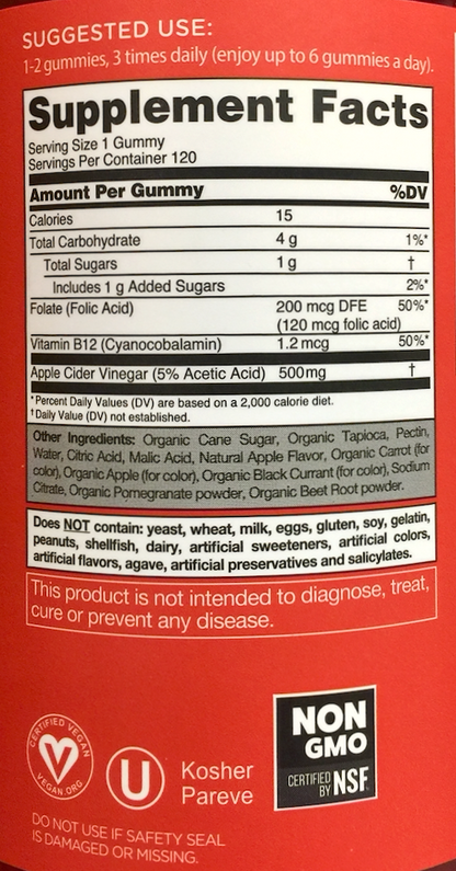 골리 Non-GMO 젤라틴-프리 애플 사이다 식초 500mg 거미 120정