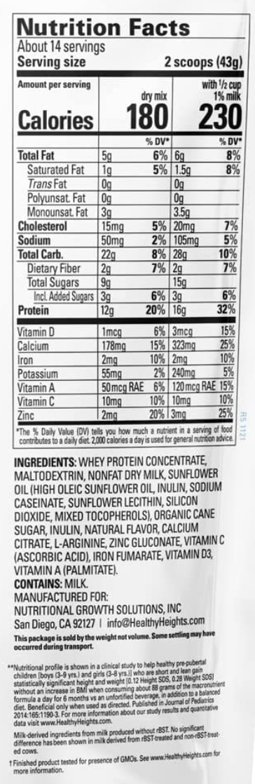 3+ 헬시하이츠 Healthy Heights GMO-프리 그로우 데일리 뼈성장 프로틴 믹스 Chocolate & Vanilla 616g 4ct (2.46kg)