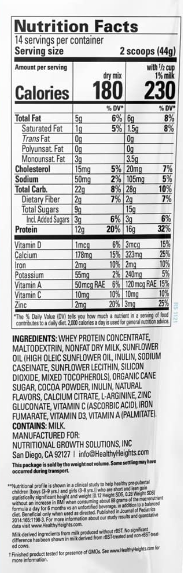 3+ 헬시하이츠 Healthy Heights GMO-프리 그로우 데일리 뼈성장 프로틴 믹스 Chocolate & Vanilla 616g 4ct (2.46kg)