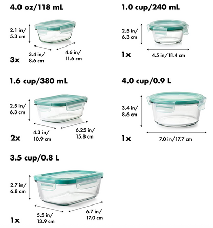 옥소 OXO 스마트씰 BPA-프리 열충격 저항 유리 밀폐용기 118ml•240ml•380ml•800ml•900ml 8ct