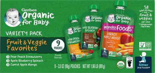 네슬레 Nestle 거버 유기농/Non-GMO 과일 & 야채 파우치 3가지맛 #1 9ct (891g)
