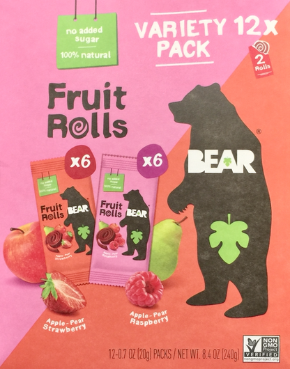 베어 Bear Non-GMO 무설탕 글루텐-프리 스트로베리 & 라즈베리 롤업 20g 12ct (240g)