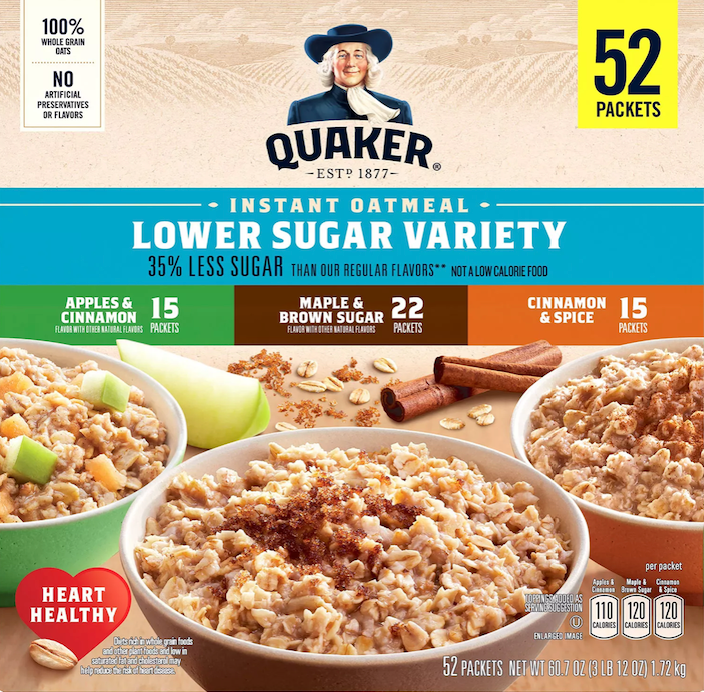 퀘이커 Quaker 인스턴트 오트밀 35% 레스-슈가 (저설탕) 3가지맛 52팩 (1.72kg)