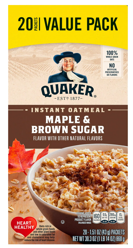 퀘이커 Quaker 메이플 & 브라운 슈가 인스턴트 오트밀 20팩 (860g)