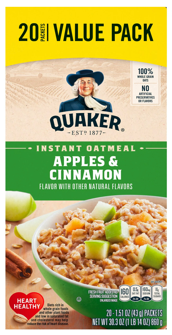 퀘이커 Quaker 애플 & 시나몬 인스턴트 오트밀 20팩 (860g)