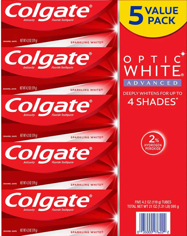 12+ 콜게이트 Colgate 옵틱화이트 어드밴스드 미백 치약 119g 5개 (595g) *과산화수소 2%*