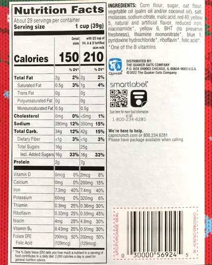 퀘이커 Quaker 캡앤크런치 크리스마스 크런치 시리얼 567g 2ct (1.13kg)