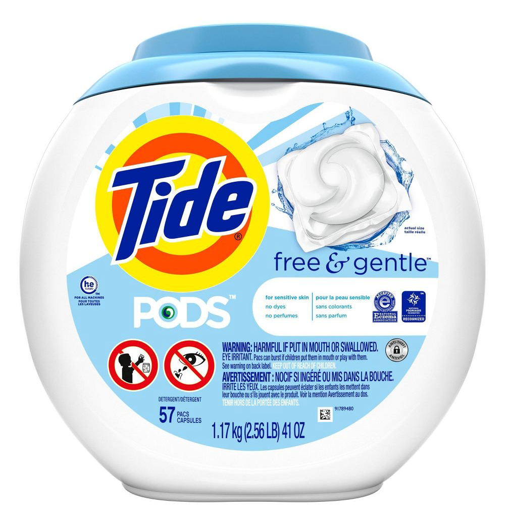 [아토피협회•건선재단 인증] P&G 타이드 프리 & 젠틀 무향 세탁세제 57팩 캐니스터 (1.17kg)