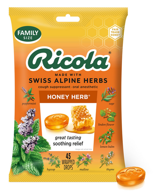 6+ 리콜라 Ricola GMO-프리 허니 허브 기침•인후통 드롭 45pc