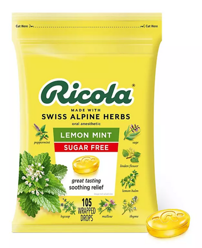 6+ 리콜라 Ricola 슈가/GMO-프리 레몬 민트 인후통 드롭 105pc 2개 (210pc)