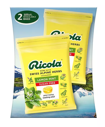 6+ 리콜라 Ricola 슈가/GMO-프리 레몬 민트 인후통 드롭 105pc 2개 (210pc)