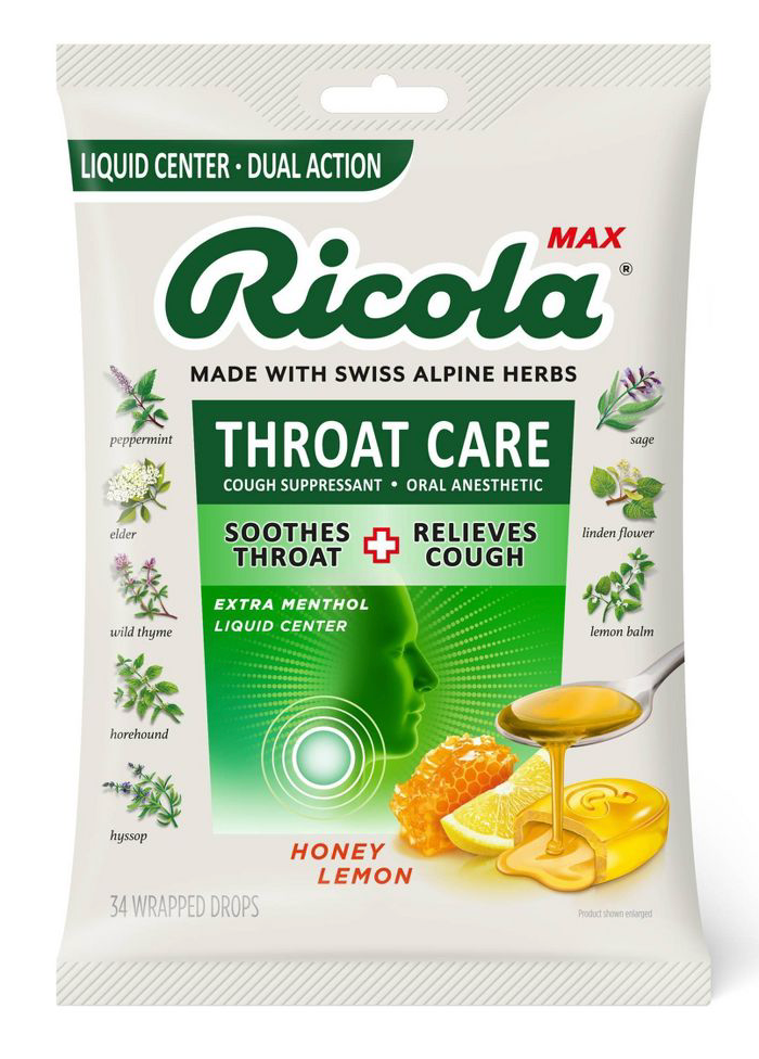 6+ 리콜라 Ricola GMO-프리 맥스 쓰롯케어 허니 레몬 기침•인후통 드롭 34pc