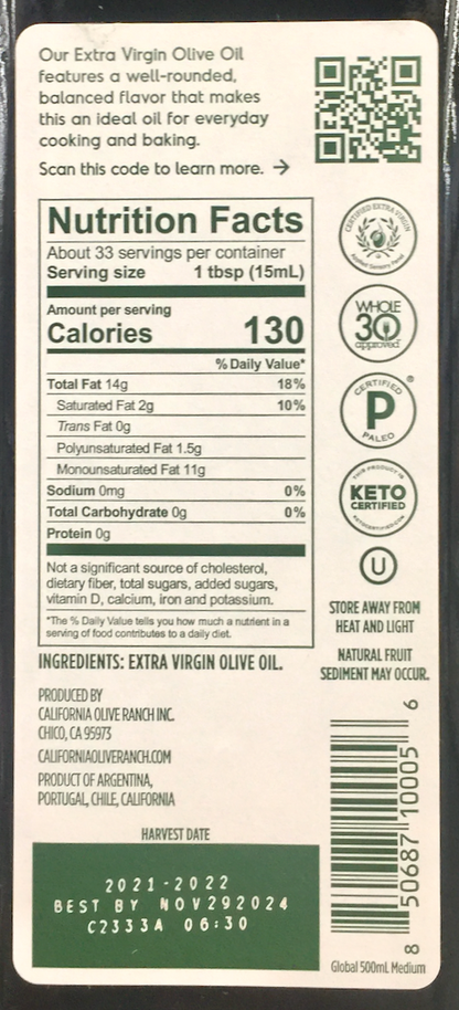 캘리포니아올리브랜치 Non-GMO 10% 캘리포니아 엑스트라 버진 올리브 오일 500ml *케토인증*