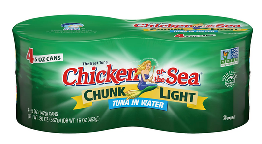 치킨오브더시 Chicken of the Sea Non-GMO 청크 라이트 참치 in 워터 142g 4ct (568g)