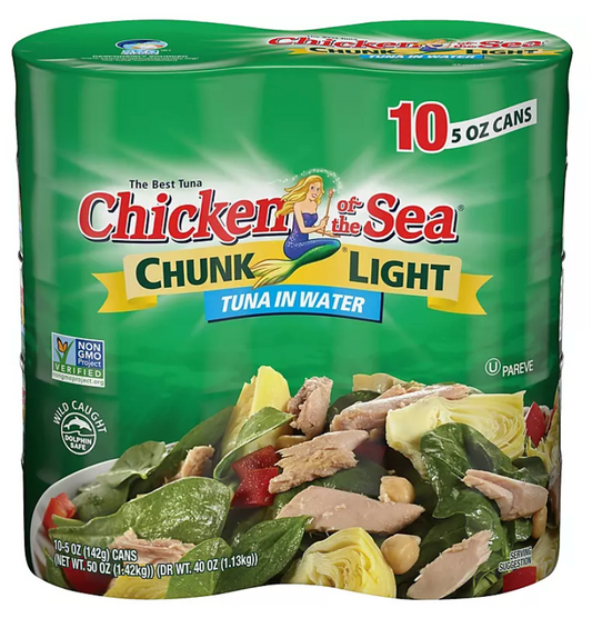 치킨오브더시 Chicken of the Sea Non-GMO 청크 라이트 참치 in 워터 142g 10ct (1.42kg)