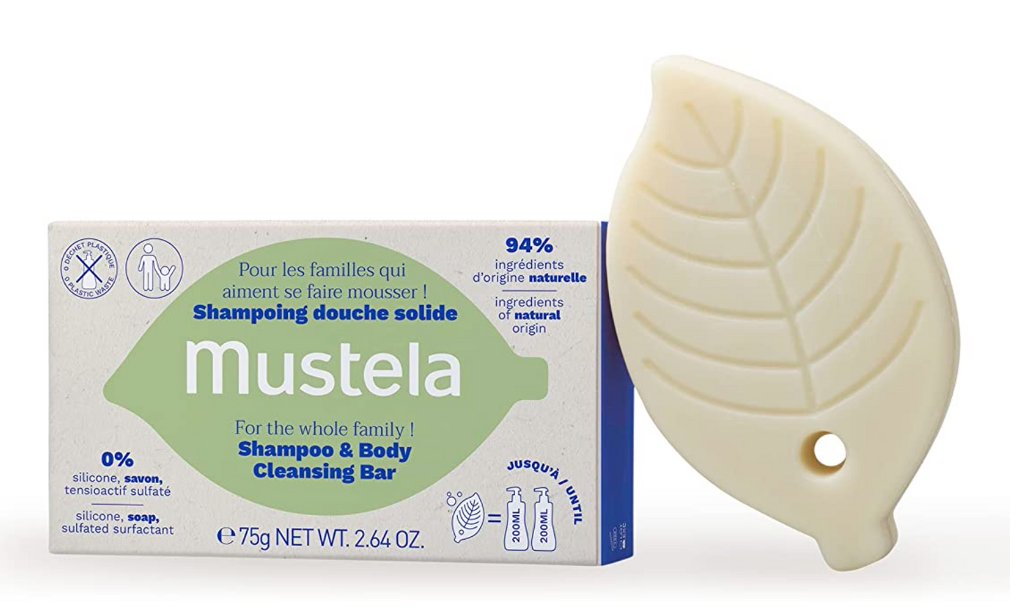 머스텔라 Mustela 실리콘/비누-프리 94% 자연유래 무향 클린징바 75g 2개 *샴푸/바디 겸용*