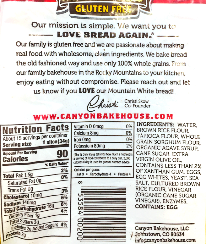 캐년베이크하우스 Canyon Bakehouse Non-GMO 글루텐-프리 마운틴 화이트 식빵 510g