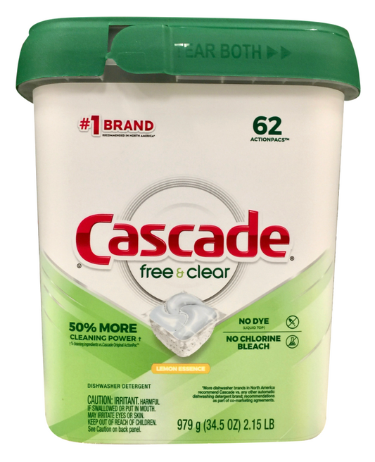 P&G 캐스캐이드 프리 & 클리어 45% 식물성 무향 식기세척기 세제 62팩 (911g)