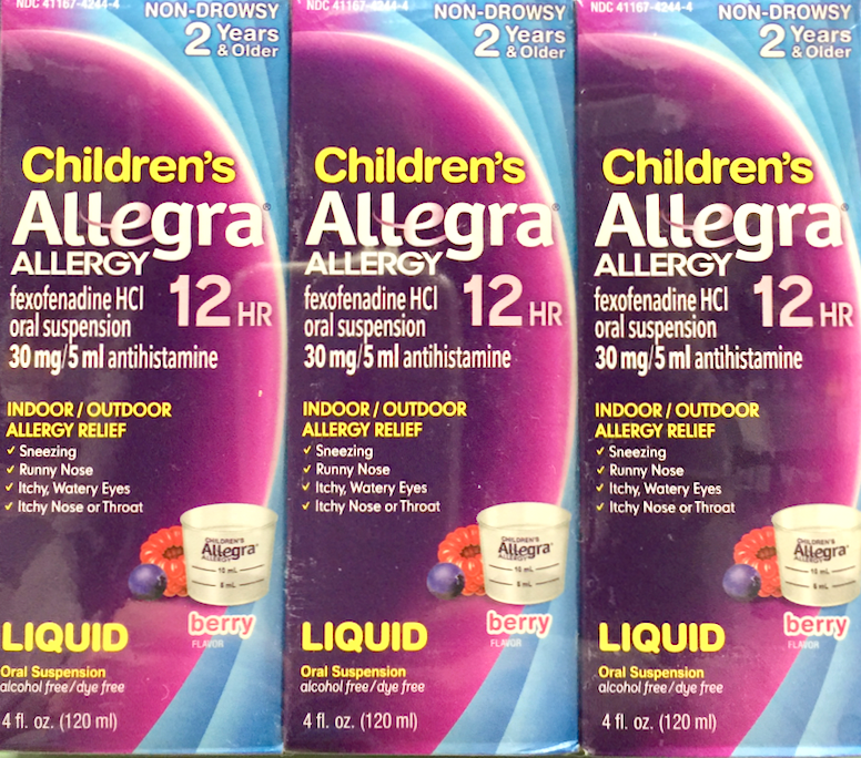 2+ 사노피 칠드런 알레그라 펙소페나딘 30mg 12시간 알러지 릴리프 색소/알콜-프리 시럽 120ml 3ct (360ml)