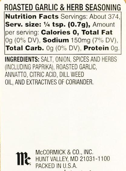 맥코믹 McCormick 그릴메이트 슈가/글루텐-프리 0칼로리 로스티드 갈릭 & 허브 시즈닝 262g