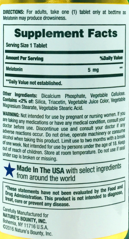 네이처스바운티 Non-GMO 약물-프리 멜라토닌 5mg 바이-레이어 60정