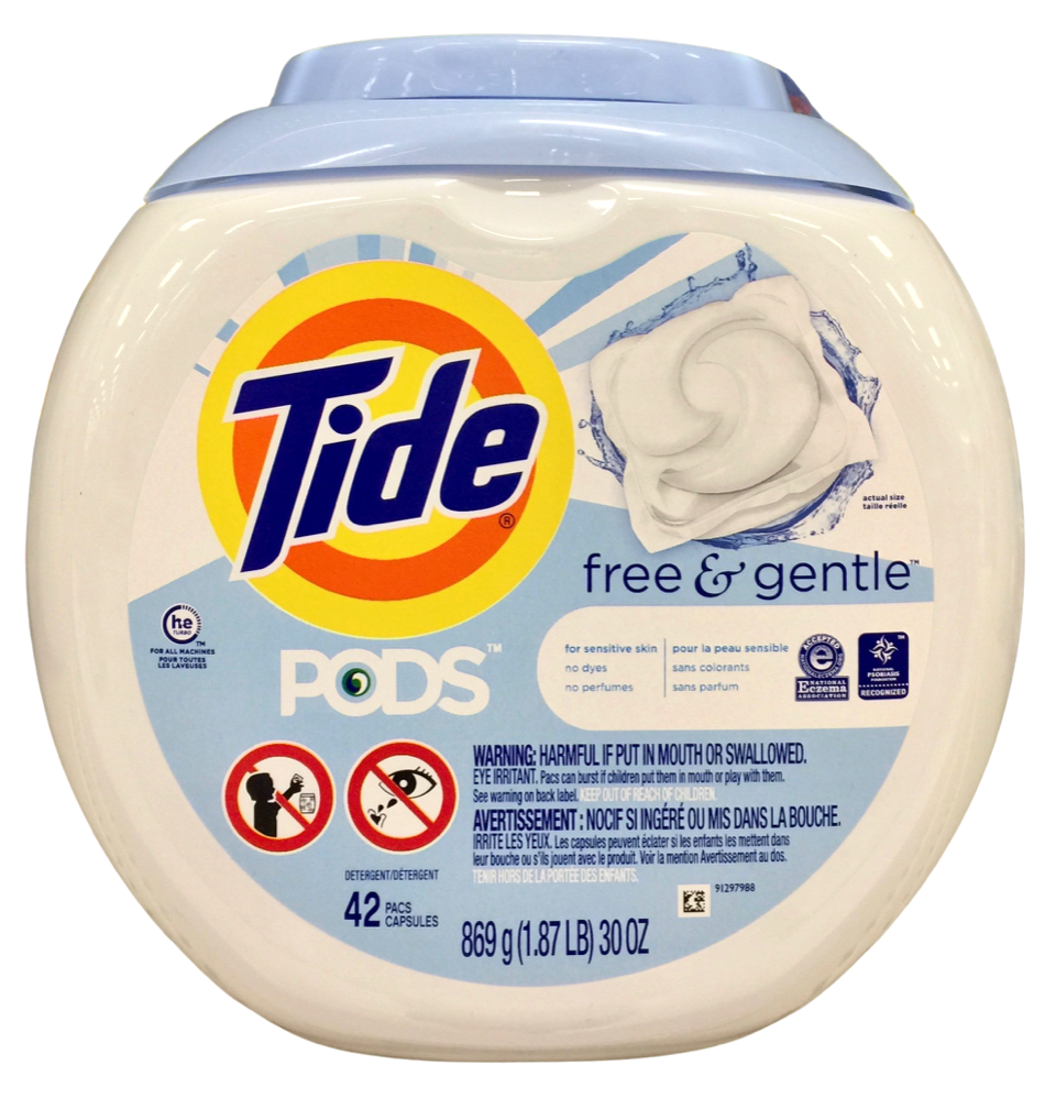 [아토피협회•건선재단 인증] P&G 타이드 프리 & 젠틀 무향 세탁세제 42팩 캐니스터 (869g)