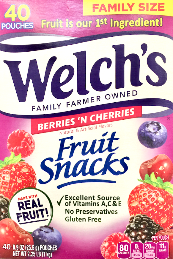 웰치 Welch's 글루텐/방부제-프리 베리 & 체리 구미 25g 40팩 (1kg)