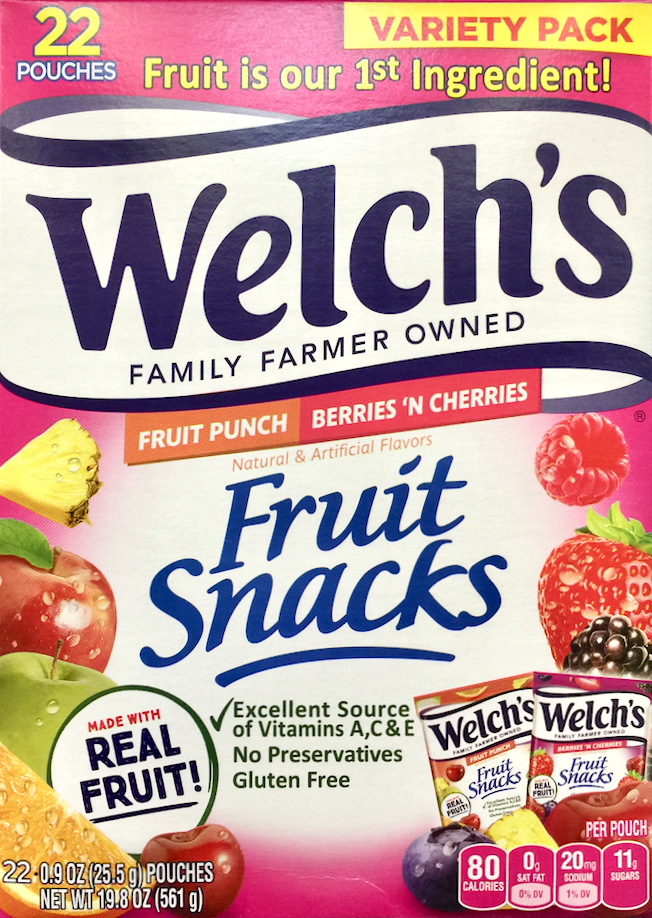 웰치 Welch's 글루텐/방부제-프리 과일 구미 2가지맛 25g 22팩 (561g)